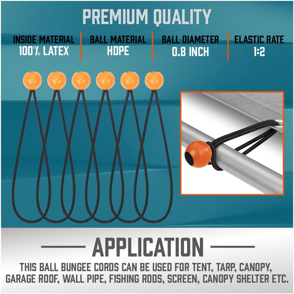 HORUSDY 34-Piece Premium Bungee Cords Assortment Jar, Includes 10”, 18”, 24”, 32”, 40”, 48” Bungee Cords, 15” Rubber Cargo net, 8”Canopy/Tarp Ball Ties and Crocodile Mouth Tarp Clips: Kitchen & Dining
