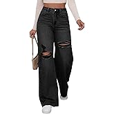 WDIRARA Women's High Waist Ripped Wide Leg Baggy Jeans Distressed Denim Pants