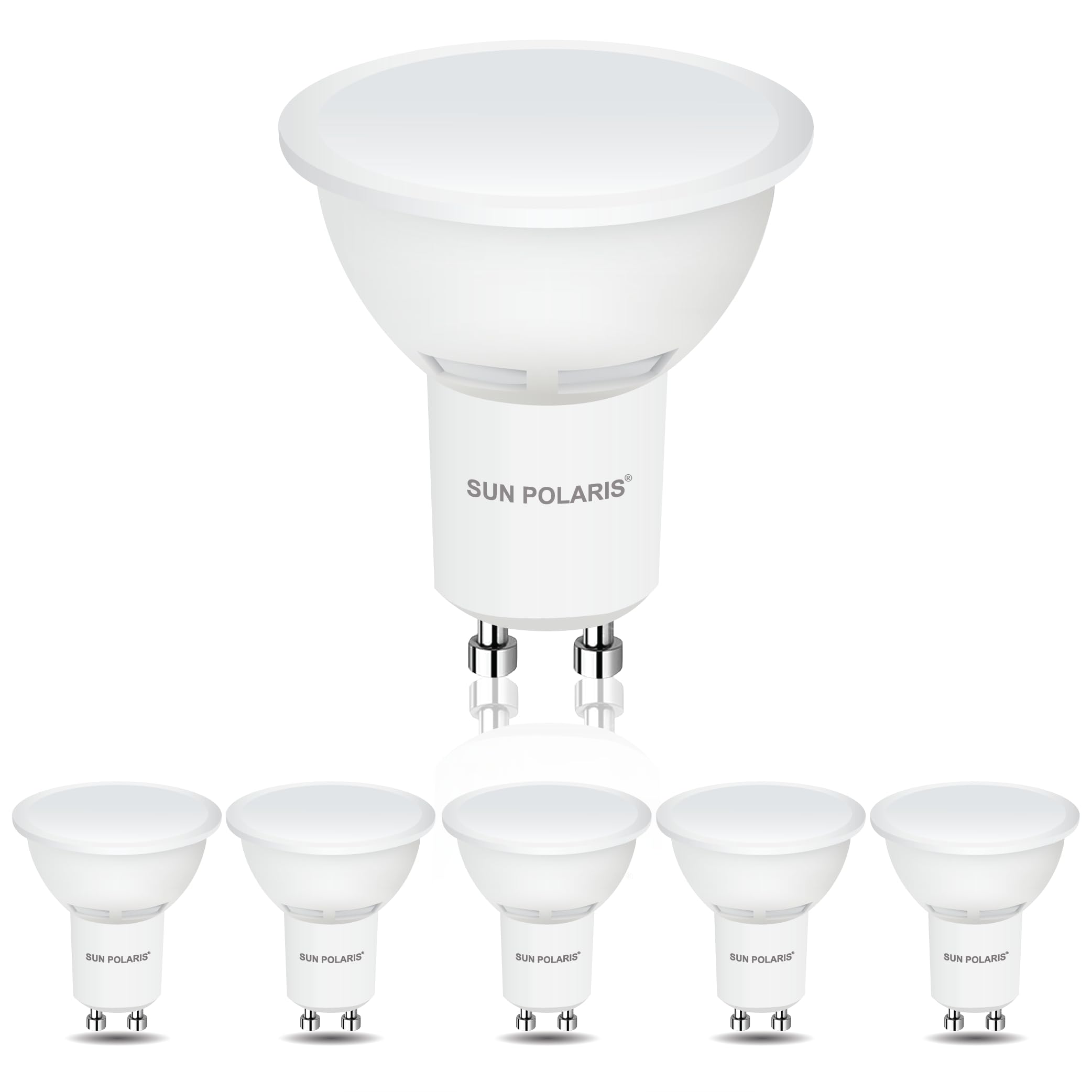 SUN POLARIS GU10 LED Light Bulbs, Cool White Daylight 6500K, 4.9W Equivalent to 35W Halogen Bulb, 400 lumens Energy Saving Lightbulbs, Wide beam High CRI, Non-Dimmable bright Spotlight Lamp, Pack of 6