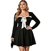 winkbay Women's Plus Size Tie Front Sweetheart Neckline Dress Long Sleeve A Line Mini Cocktail Party Dresses