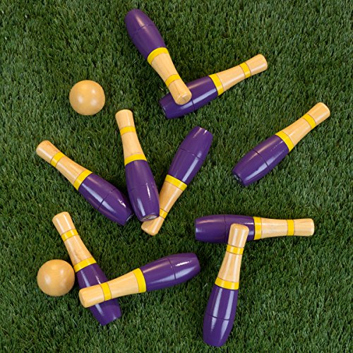 Hey!Play! Lawn Bowling Game/Skittle Ball- Indoor/Outdoor Fun for Kids, Adults -10 Wooden Pins, 2 Balls, and Mesh Bag Set, 8 Inch, Purple/Yellow