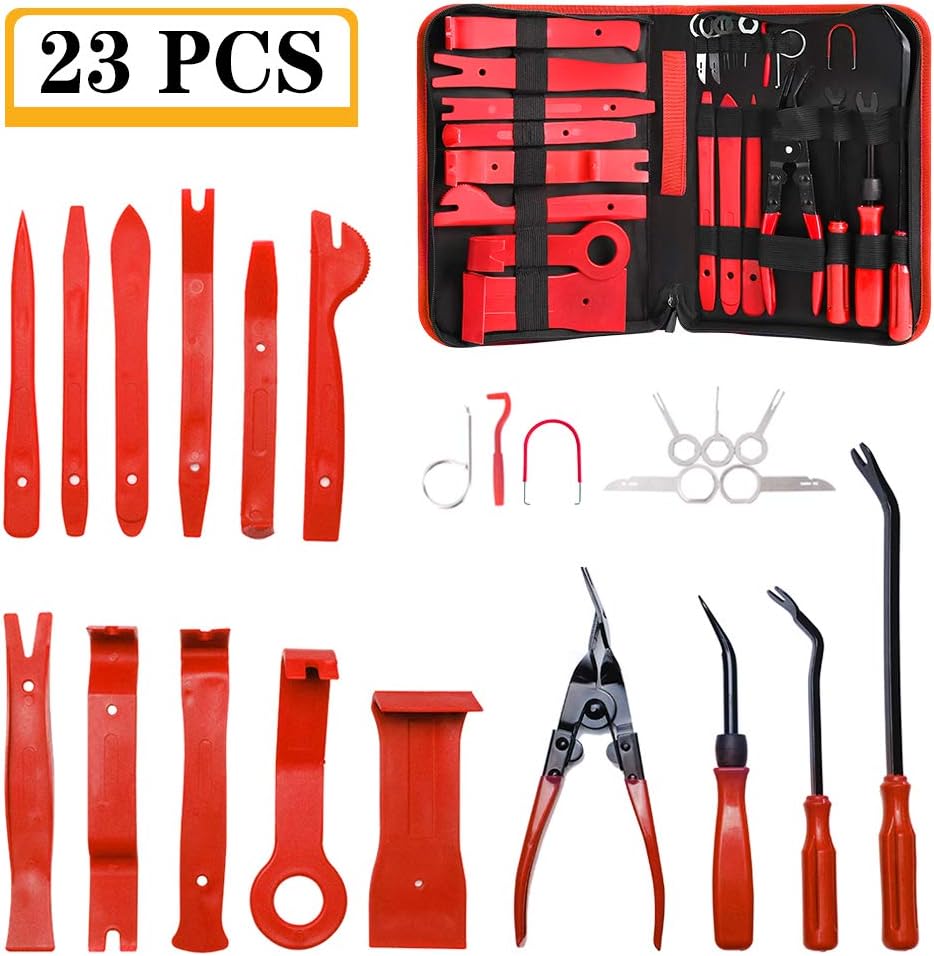 Trim Removal Tool, AMDRFO 23Pcs Car Panel Door Audio Trim Removal Tool Kit, Auto Clip Pliers Fastener trim Removal Tool Set with Storage Bag (Red)