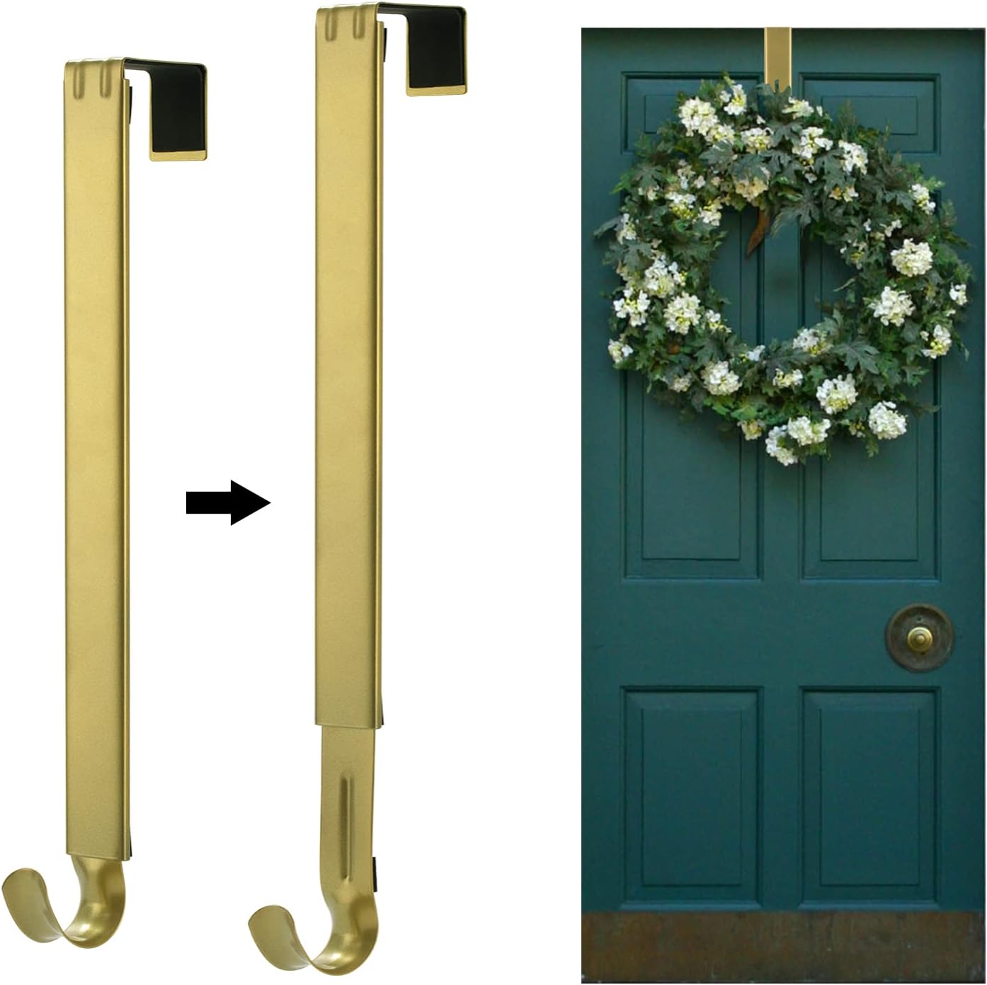 Wreath Hangers - Kederwa Wreath Hangers for Front Door, Adjustable Wreath Hangers Extends from 15inch to 24inch, Front Door Wreath Hanger Hooks Door Holder for Christmas Wreath Decorations(Gold)