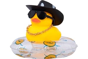 wonuu Car Rubber Duck Car Duck Decoration Dashboard Car Ornament for Car Dashboard Decoration Accessories with Mini Sun Hat Swim Ring Necklace Sunglasses, A-Cowboy Hat White Spots Black&Transparent