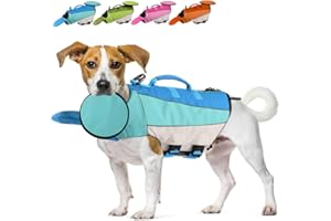 EMUST Small Dog Life Vests, Dog Life Jacket with Removable Flying Disc, Puppy Swimming Vest High Flotation, Reflective Dog Life Preserver for Swimming, Blue, S