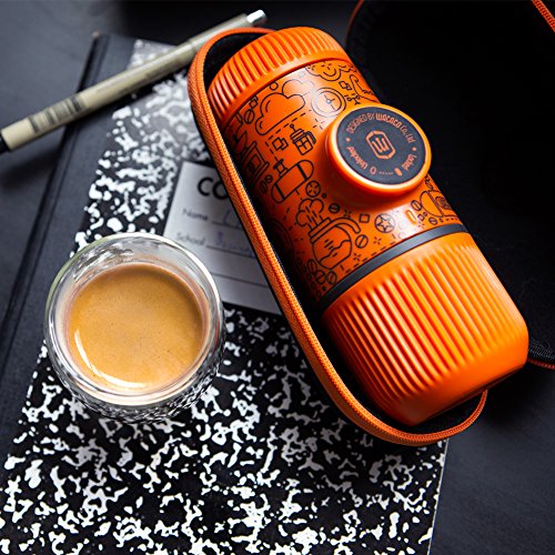 Wacaco Nanopresso Portable Espresso Maker bundled with Protective Case, Orange Tattoo Patrol Edition, 18 Bar Pressure, Extra Small Travel Coffee Maker, Manually Operated Perfect for Kitchen and Office