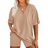 Beautife Womens Plus Size 2 Piece Lounge Sets V Neck Oversized T Shirts Biker Shorts Workout Matching Summer Outfits