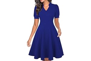 Mokayee Womens Summer Short Puff Sleeve Casual Semi-Formal Fit and Flare Church Wedding Guest Work Dresses with Pockets