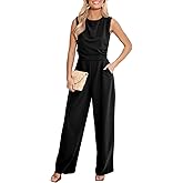 CUPSHE Summer Maxi Jumpsuit Round Neck Sleeveless Wide Leg One Piece Fall Outfit Pockets Fitted Overall Casual Maxi Romper