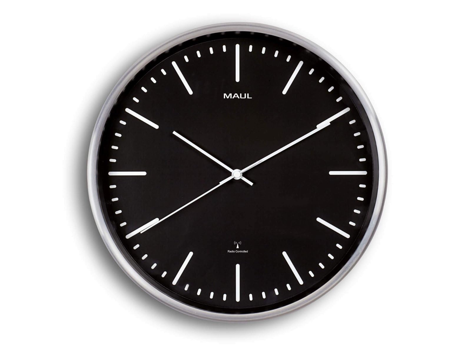 MAUL MAULfly Wall Clock Brushed Aluminium Diameter 305 mm Radio-Controlled Clock Movement Black