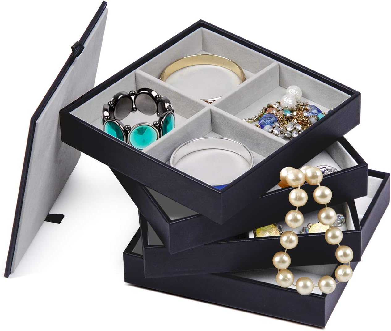VIEFIN Stackable Jewelry Trays with Lid, Black Leather Storage Drawer Insert Dresser Organizer for Earring Ring Bracelet, Necklace Holder Box Case Chest