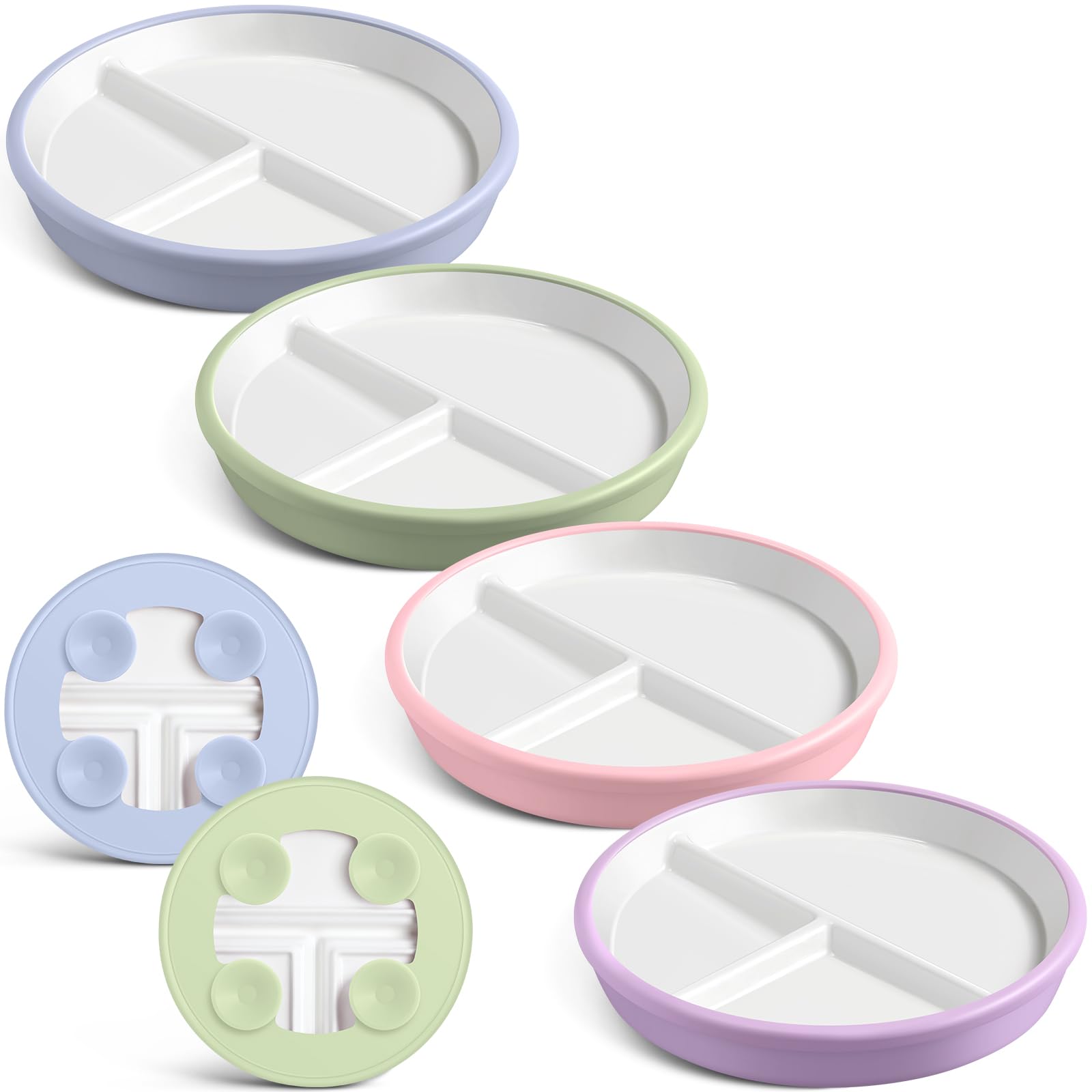 Photo 1 of Domensi 4 Pcs 8" Large Porcelain Kids Plates with Anti-slip Silicone Sleeve Ceramic Divided Plate with Suction for Toddler Eating Microwave Dishwasher Friendly (Blue,Green,Purple,Pink)