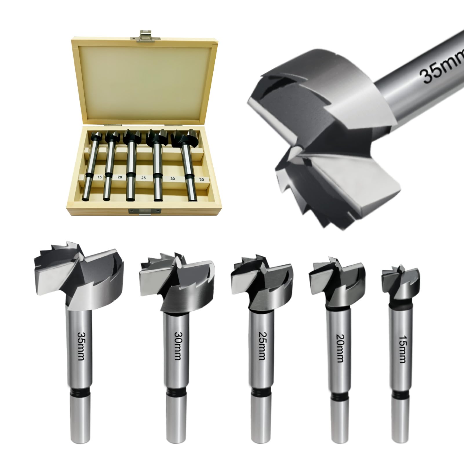 NOTOOLS Forstner Drill Bits,5 PCS(15,20,25,30,35mm) Flat-Wing Woodworking Boring Bit Hole Saw Set HCS Drill Bit Sets for Drilling Wood,Plywood, Particle Board, Hinge Cutter Hinge Drill Bit