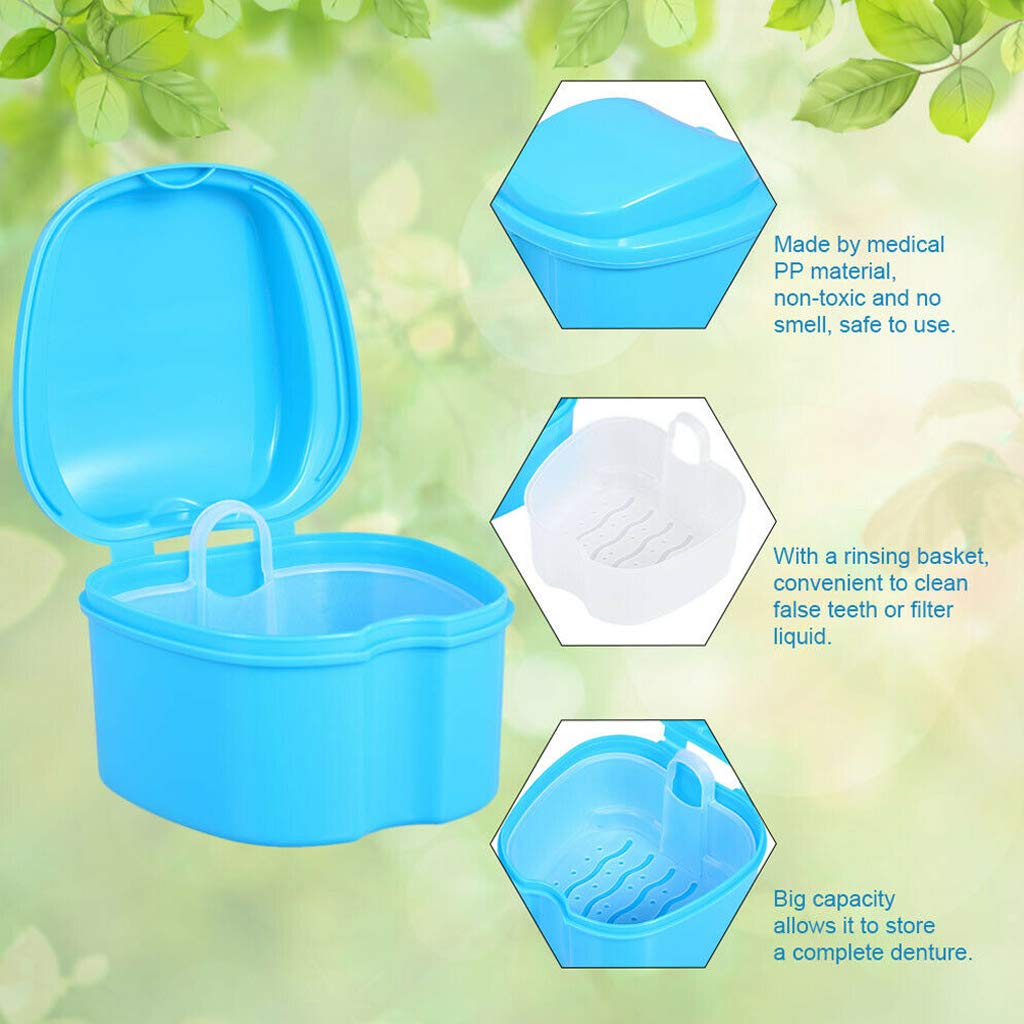 2Pcs Denture Cup with Strainer, Denture Case, Denture Bath Box False Teeth Storage Case Box with Strainer for Travel Cleaning(Light Blue and Blue) : Beauty