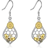 LUHE Bee Earrings for Women 925 Sterling Silver Bumble Earrings with Honeycomb Honeybee Jewelry Dangle Gifts for Women
