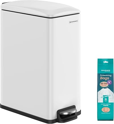 SONGMICS 48L Slim Kitchen Bin White with Soft-Close Lid and Inner Bucket