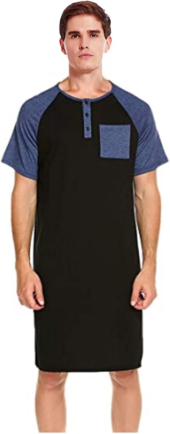 Cotton Sleep Shirt for Men VNeck Nightshirts Short Sleeve Henley Shirt