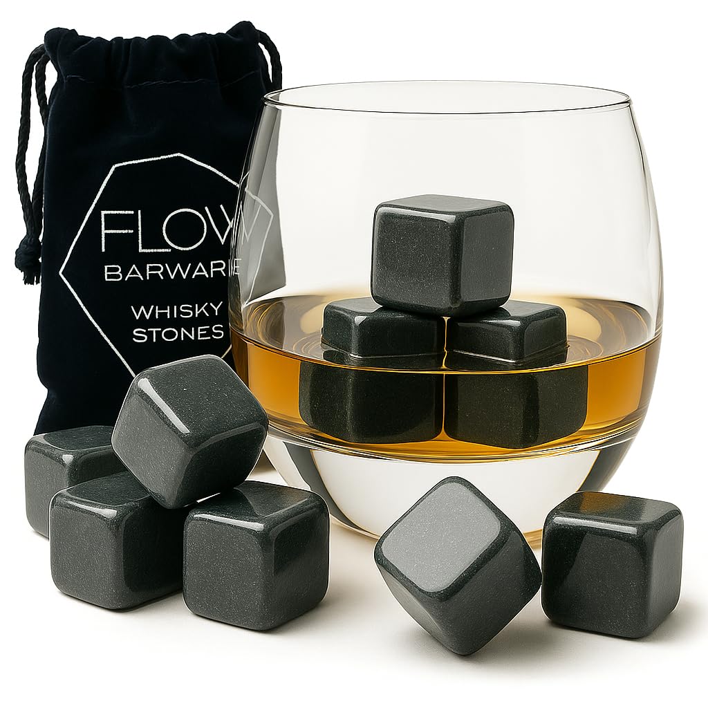 FLOW Barware Whiskey Stones | 12x Polished Granite Reusable Ice Cubes | Whisky Gifts for men | Bourbon, Scotch, Rum, Whiskey Rocks | Whisky Stones with Storage Pouch