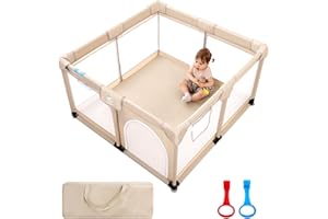 JOYPONY Baby Playpen, (50x50x27inch) Large Playpen for Babies and Toddlers, Sturdy Safety Play Yard for Infant, Indoor & Outdoor Play Pen with Gate, Baby Fence with Soft Breathable Mesh, Hand Rings