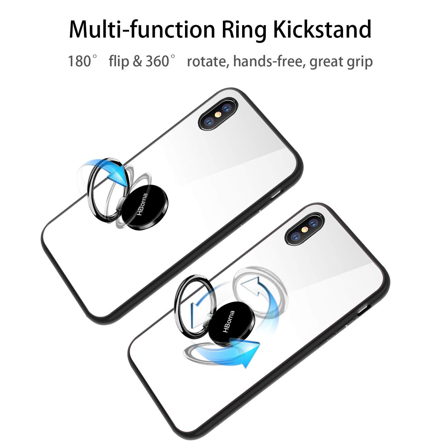Cover iPhone X, Caso iPhone X con cover posteriore in vetro temperato Protezione Anti-Graffio con supporto per anello, Custodia protettiva per smartphone con telaio antiurto in TPU per Apple iPhone 10 (Bianco)