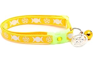 PUGS TO PERSIANS Wicca Cat Collar with Occult Charm & Bell | Witch’s Familiar Cat Collar | Witch Kitten Collar Charms | Glow in The Dark | Safety Breakaway Collar (Large(10lbs & Up), Yellow)