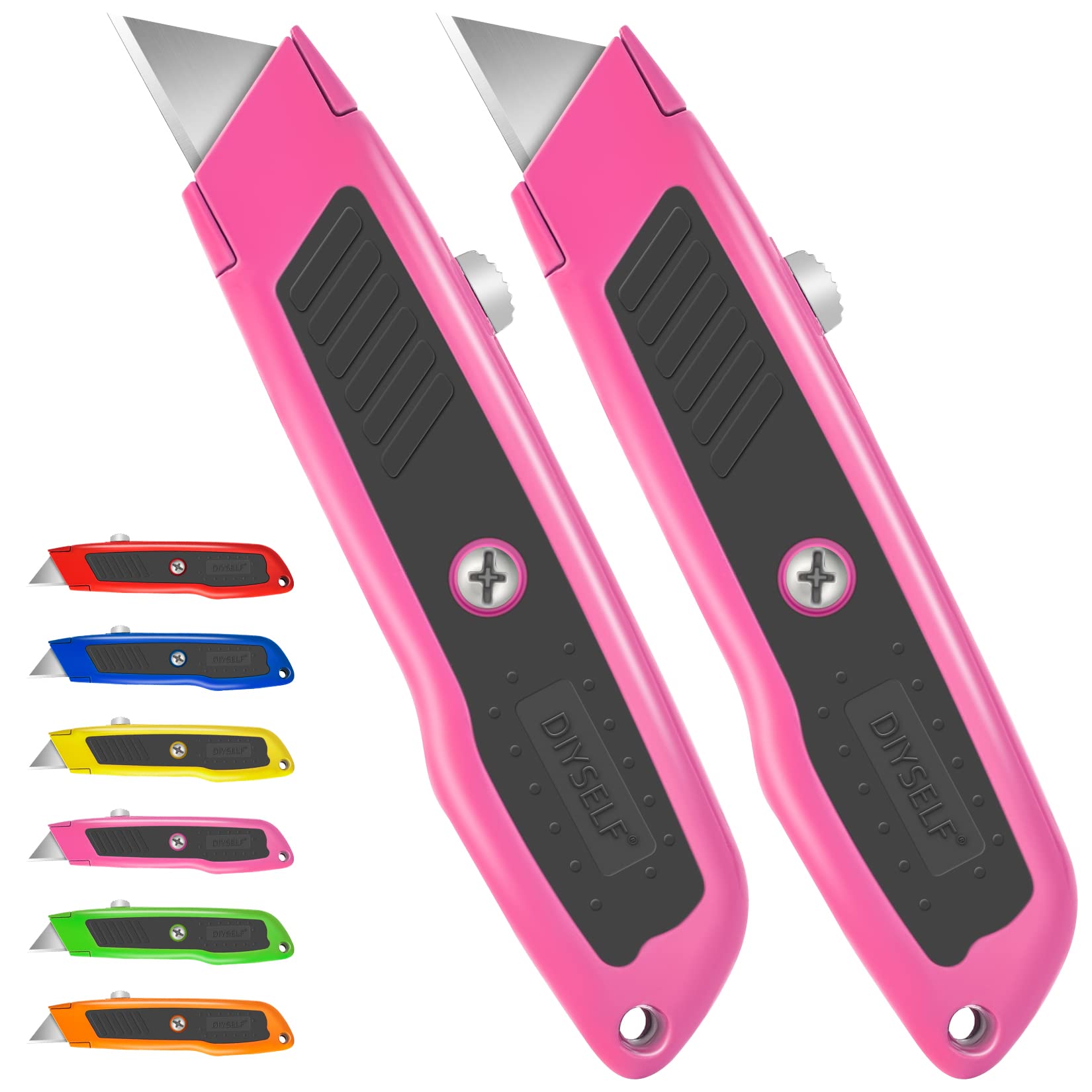 Photo 1 of DIYSELF 2 Pack Box Cutter Retractable Heavy Duty Utility Knife, Ergonomic Razor Knife for Warehouse, Office, Exacto Knives Box Opener for Package, Cardboard (Pink)