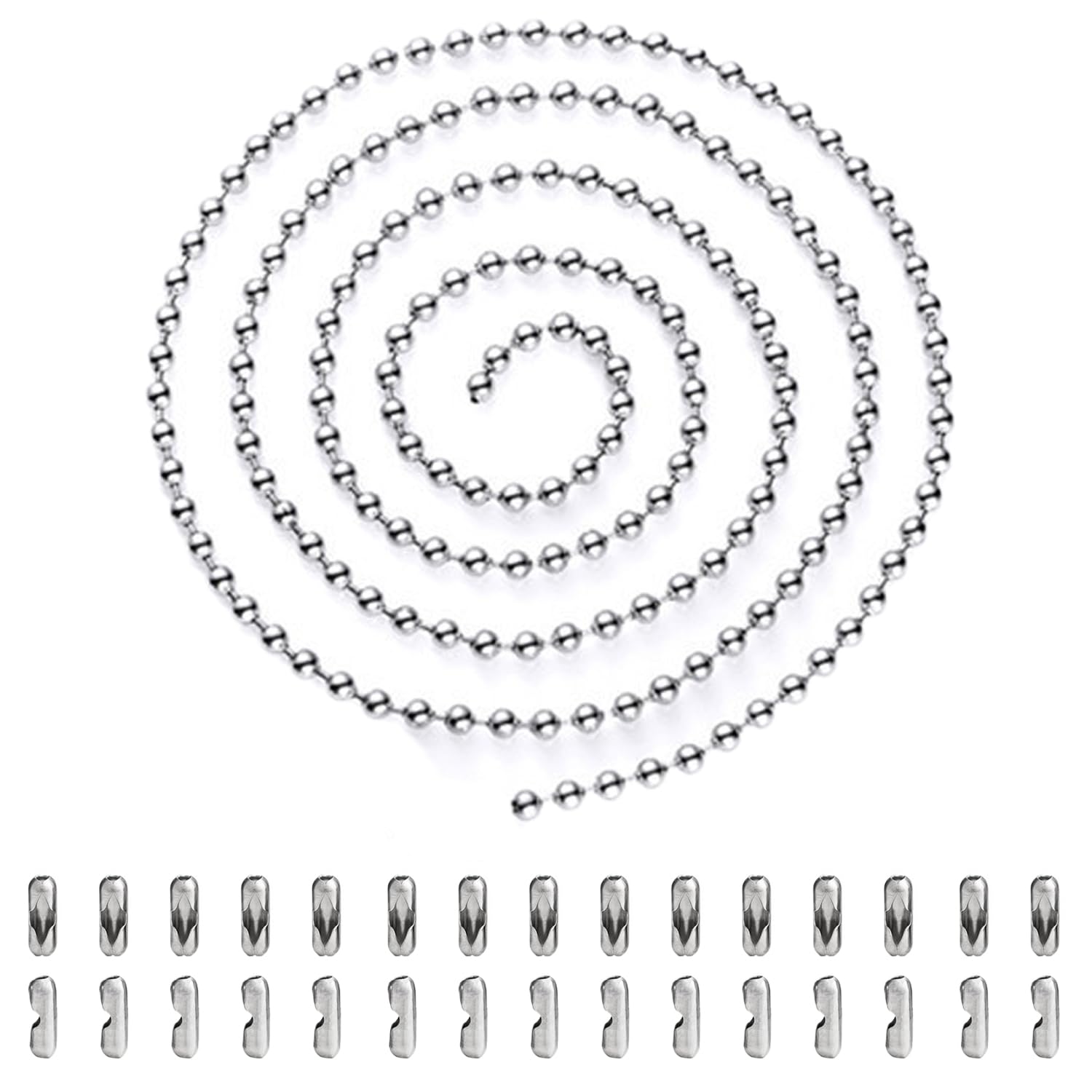 TRKETK 5 Meter Ball Bead Chain, Silver Stainless Steel Beaded Chain Beaded Roller Pull Chain Extension Metal Beaded Roller Blind Chain with 30 Matching Connectors (3.2 mm, Silver)