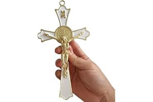 BONITTER Golden St Benedict Crucifix Metal Wall Art, 7.8x4.1 Inch Cross, Blue/White/Black/Red Wall Decor, Saint Benedic Cross