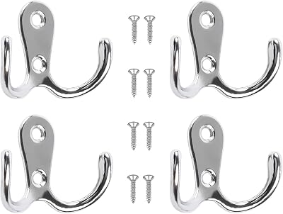 Yesmin 4 Pcs Double Prong Robe Hooks Wall Mounted Silver Coat Hooks
