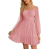 Wenrine Women's Mesh Long Sleeve Square Neck Dress High Waist A Line Ruffle Hem Flowy Casual Party Mini Dress