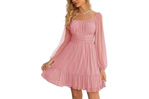 Wenrine Women's Mesh Long Sleeve Square Neck Dress High Waist A Line Ruffle Hem Flowy Casual Party Mini Dress