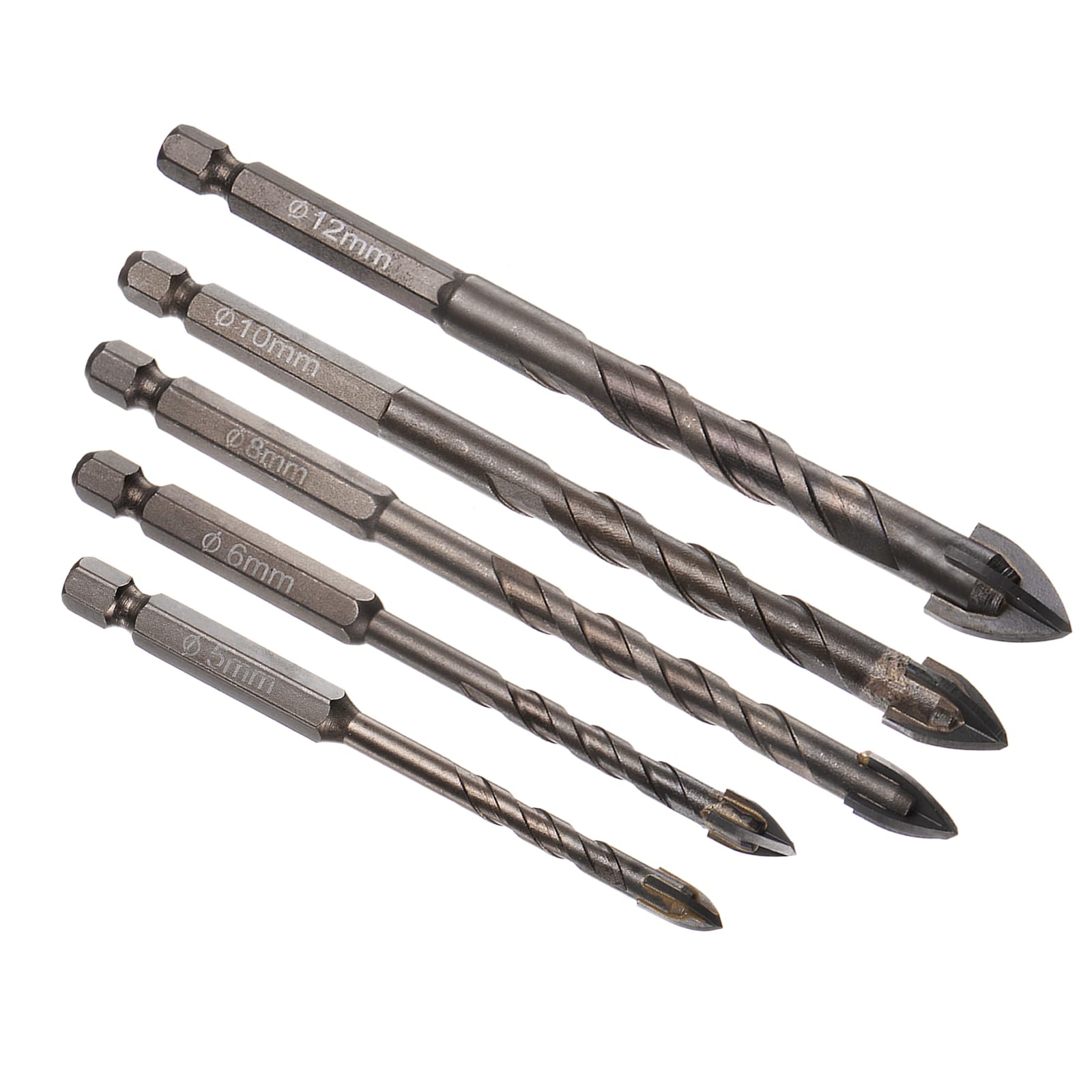 Kozelo 5pcs Masonry Drill Bit Set - [ 6mm to 8mm ] Concrete Drill Bit Set for Brick/Glass/Plastic/Ceramic Tile Use, 1/4" Hex Shank, Carbide, High Speed Steel