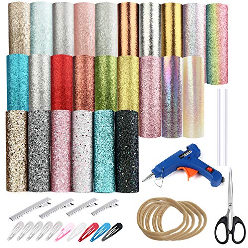 SIMPZIA 25pcs Faux Leather Sheets, 6 Styles Leather Bows Fabric Sheets with 20pcs Alligator Hair Clips, 10pcs Snap Hair Clips, Glue Gun for Bows DIY, Crafts Making