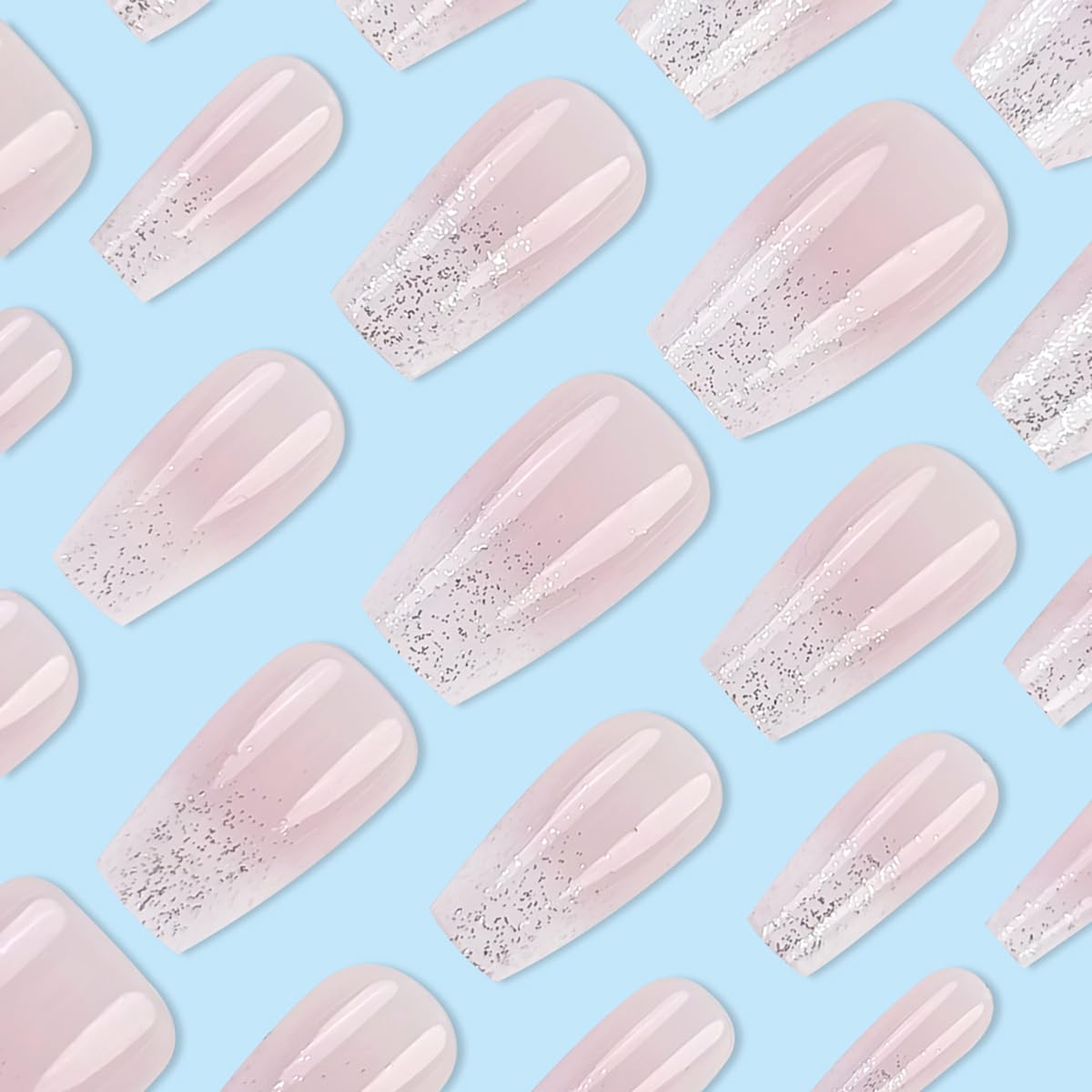 24pcs French Tip Press on Nails Short Square Pink Fake Nails with Glitter Design Glue on Nails Gradient False Nails Supplies Full Cover Glossy Acrylic Nails for Women Girl - Image 3