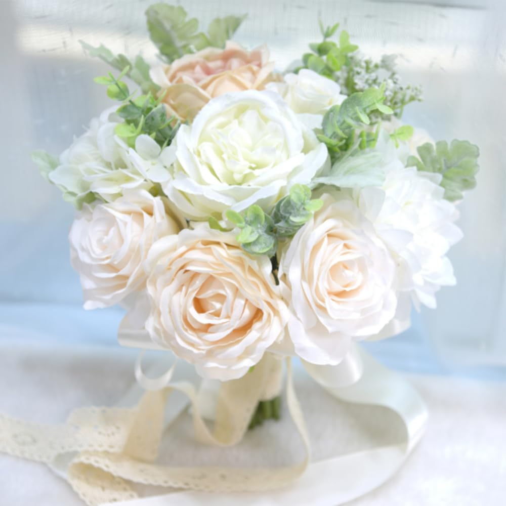 LESING Bridal Wedding Bouquets Artificial Rose Flowers Bouquet Handmade Romantic Wedding Bouquets for Bride Bridesmaid Holding Flowers (Bouquet-Peony Rose White)