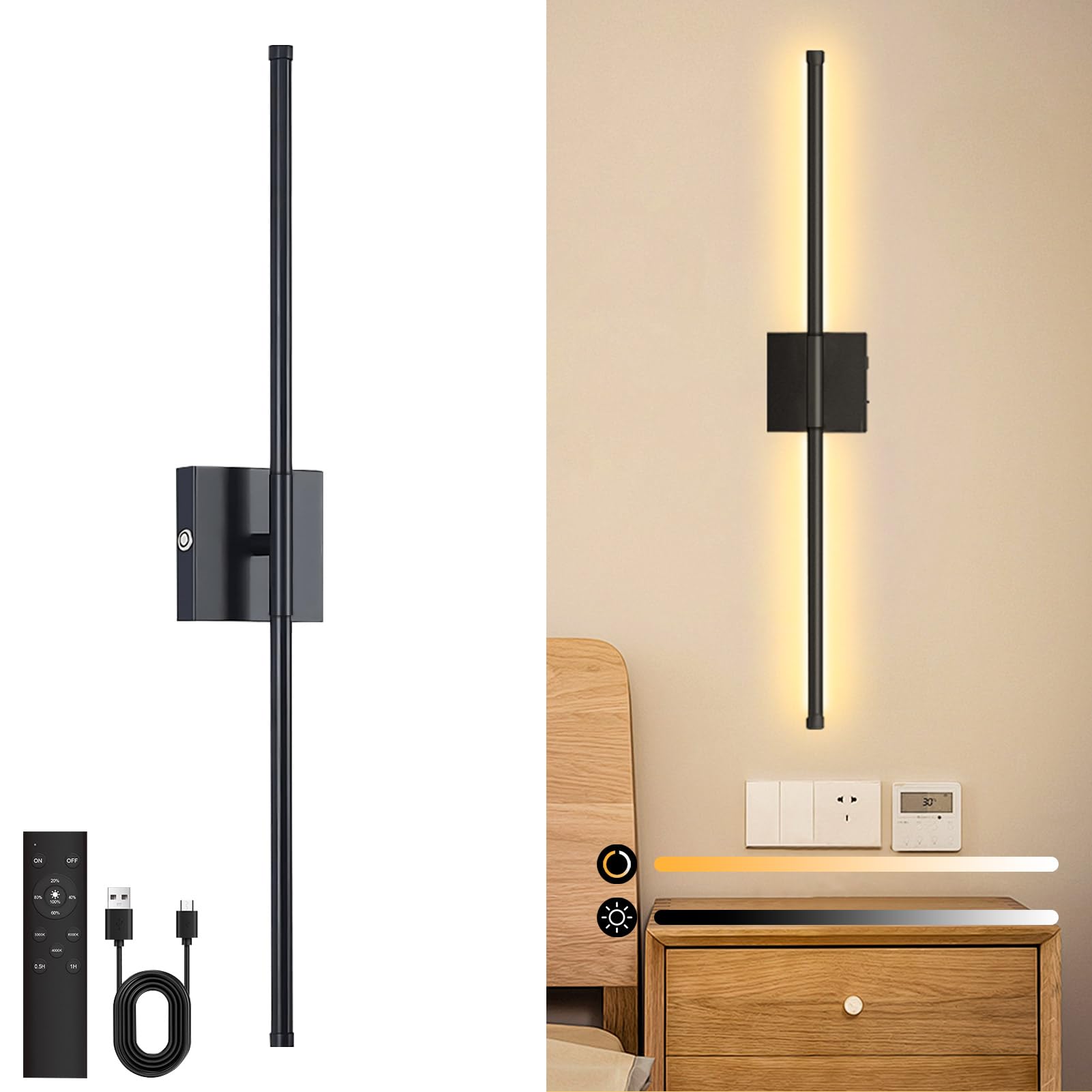 Photo 1 of Danhh Wall Sconces Battery Operated, Wall Sconces 3000K-6000K Dimmable Rechargeable Wall Sconce with Remote Control, 350°Rotate LED Wireless Wall Lights for Living Room, Hallway, Bedroom(Black)