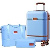 Krute Carry On Luggage Sets 3 Pieces Suitcase Set Hard Shell PC+ABS Airline Approved Suitcases with Spinner Wheels TSA Approved 20 Inch Luggage (LightBlue)