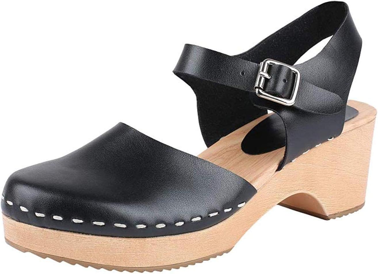 Chellysun Womens Wooden Clogs Swedish Low Heel Chunky Closed Toe Ankle Strap Buckle Sandals
