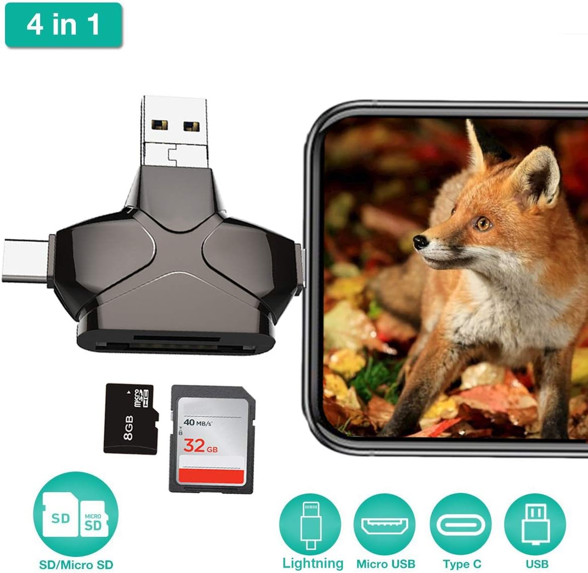 4 in 1 SD Card Reader, Enkman USB 3.0 Micro SD Card Reader Trail Camera Viewer for iPhone iPad MacBook Android, Memory Card Adapter with Lightning OTG Type C, Hunting Game Cam Photo and Video Viewer