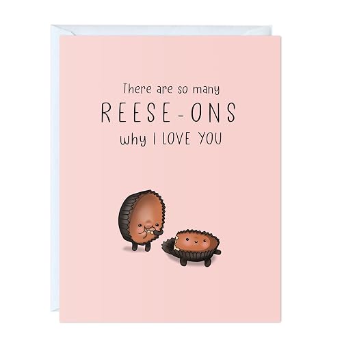 Valentine’s Day Card for Boyfriend, Wife, Girlfriend, Husband - Cute Funny Anniversary & Birthday Card for Him Her - Punny VDay Love Greeting Card Blank Inside (Reese-ons why I love you - chocolate)