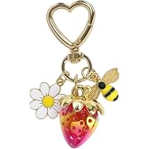 SIGZKK Cute Strawberry Bag Purse Charms Keychain for Women Handbags Car Key | Kawaii Aesthetic Gold Sunflower Bee Charm Decor Key Chain Accessories fit Tote Bogg Bags Backpack