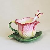 Minigift Ceramic Tea Cup and Saucer Set ，6OZ 3D Hand-Painted Flower Coffee Mug，Gift for Women -Pink Tulip