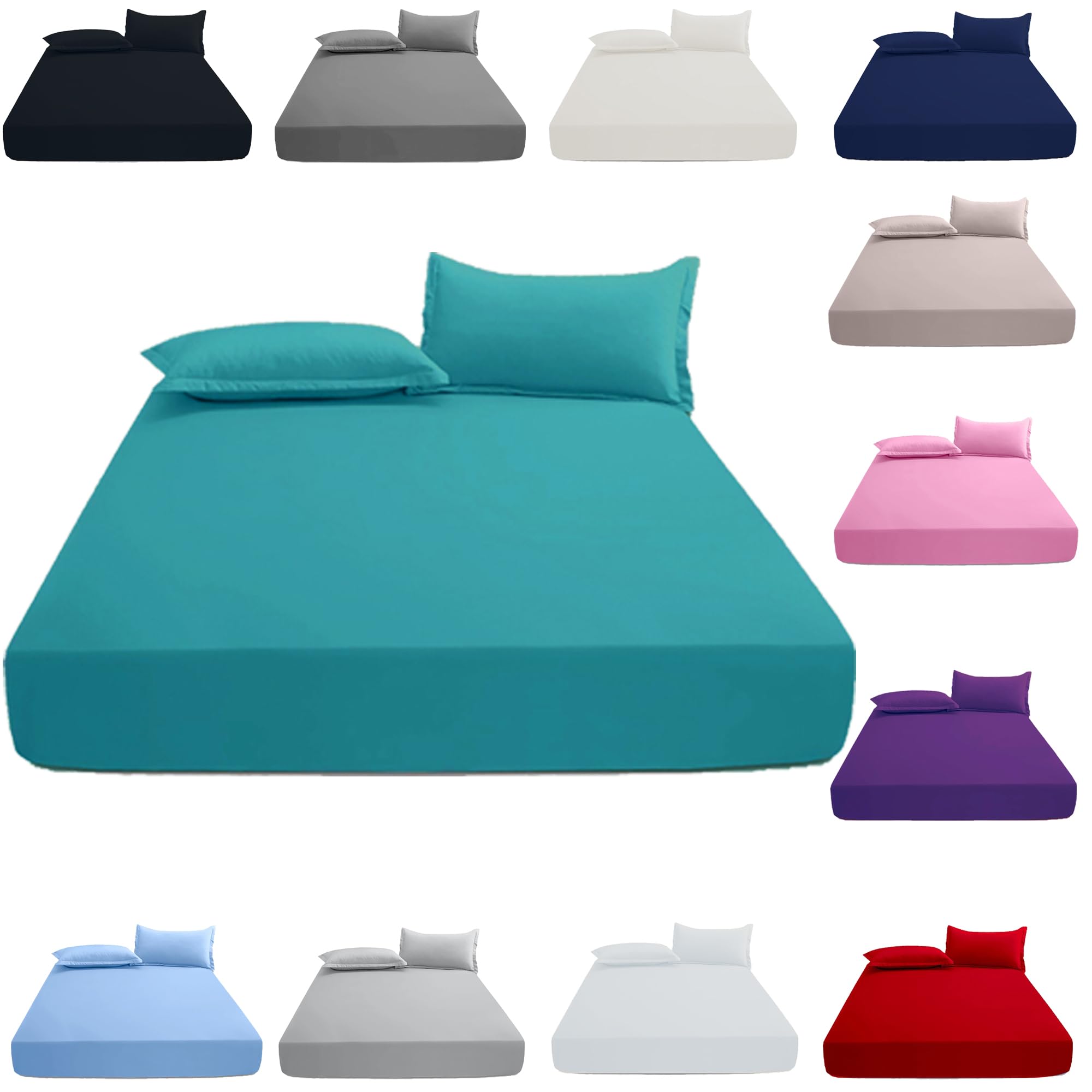 KHIM 100% Cotton 25CM/10inch Deep Fitted Sheet Single, Double, King & Super King Bed Sheets (Teal - King)