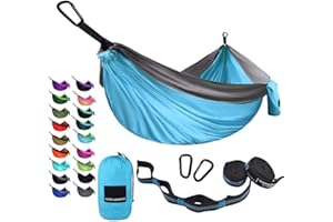 Gold Armour Camping Hammock - Portable Hammock Single Hammock Camping Accessories Gear for Outdoor Indoor Adult Kids, USA Based Brand (Light Blue & Grey)