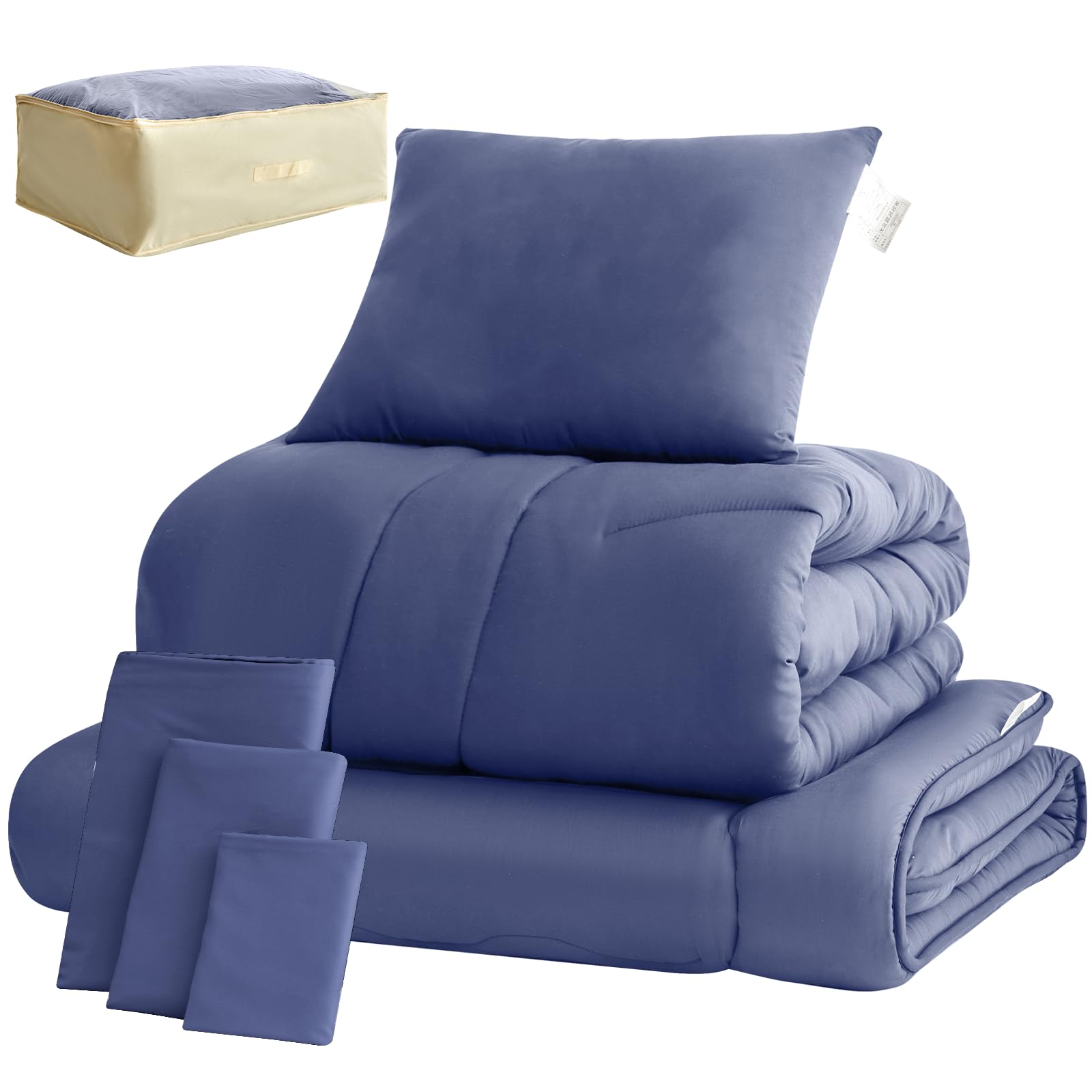 fuwawa 布団セット セミダブル 7点セット 来客用布団セット 防臭 寝具セット【中綿1.8kg 掛け布団・固綿入り敷布団・枕・洗えるカバー3点・収納ケース付き】ふとんセット SEK認証 柔らかな肌触り 軽量 通気 組布団セット アレルギー対策 オールシーズン 新生活応援 ネイビー商品画像