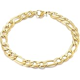 BIYONGDE Gold Color Thin Figaro Bracelet for Men and Women, Stainless Steel Link Chain Bangle Bracelet, 8.27 inch Classic Stylish Lobster Claw Clasp