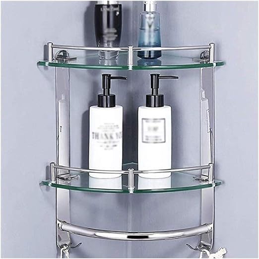 Amazon Com Huizwj Corner Glass Shelf Wall Mounted Double Layer 304 Triangular Stainless Steel Shower Head Caddy Bracket Basket Bathroom Frame Huizwj 1114 Size 2tiers With Hooks Home Kitchen
