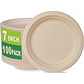 GreenWorks 100 Count 7“ Heavy-duty Compostable Plates, Unbleached Biodegradable Bagasse and Bamboo fiber Paper Plates