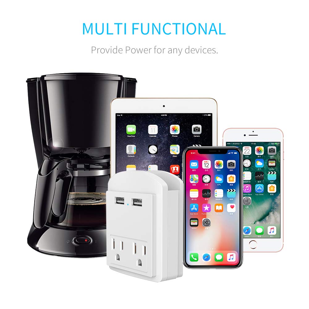 Multi Wall Outlet USB Wall Charger with Phone Holder Outlet Extender Surge Protector with Dual Outlets and Dual USB Ports (White)