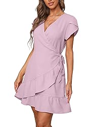 SAMPEEL Womens Tie Waist Summer Dress V Neck Petal